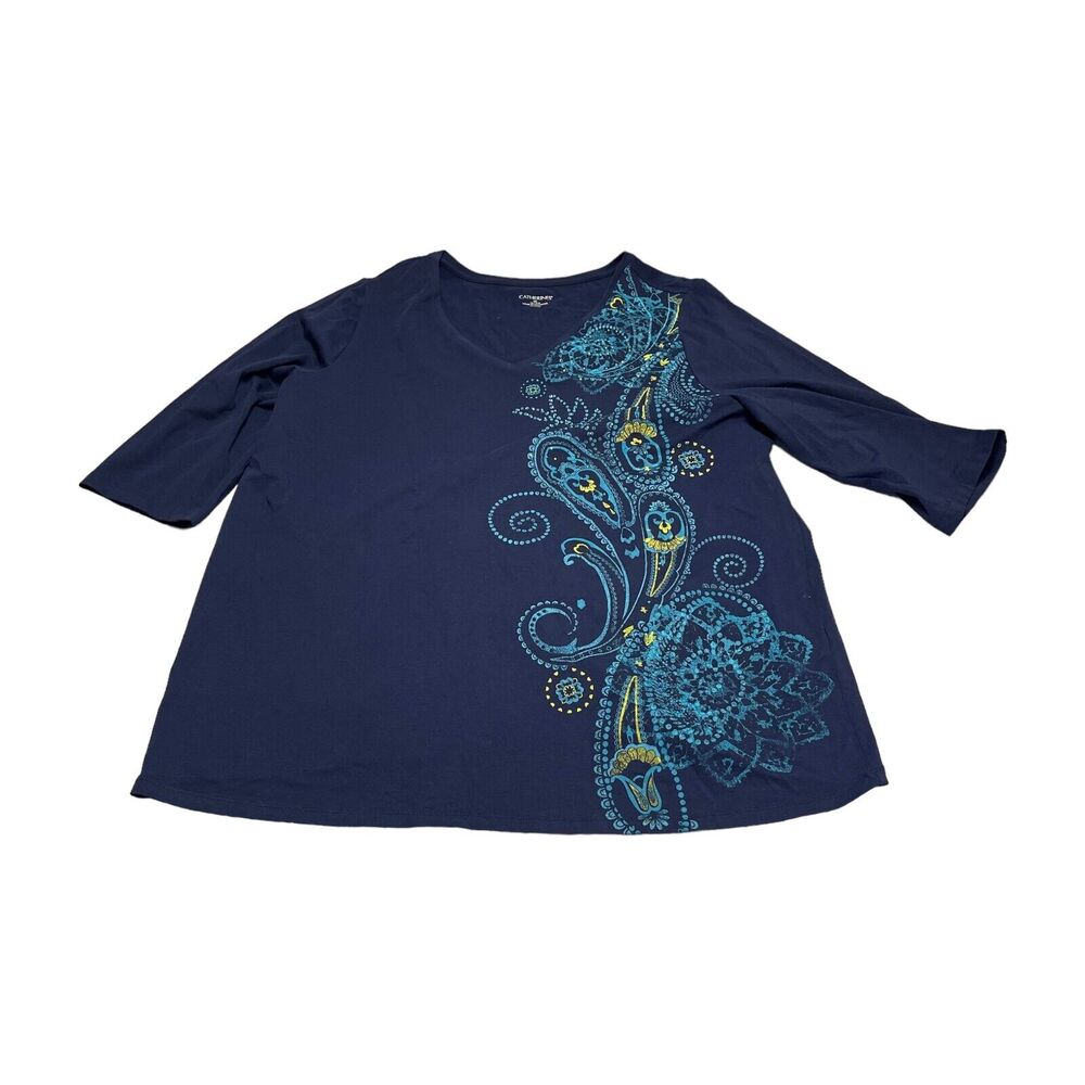 Catherines Tee Shirt Womens OX Blue Stretch Paisley Beaded V-Neck 3/4 Sleeve Top - Picture 1 of 8